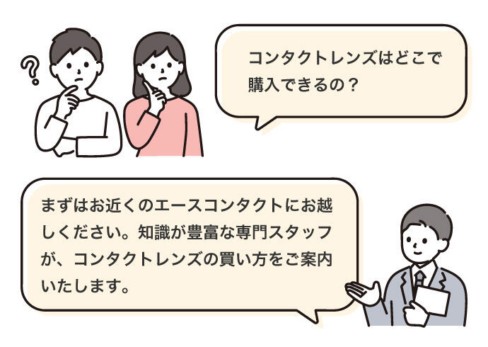 コンタクトレンズはどこで購入できるの? まずはお近くのエースコンタクトにお越しください。知識が豊富な専門スタッフが、コンタクトレンズの買い方をご案内いたします。