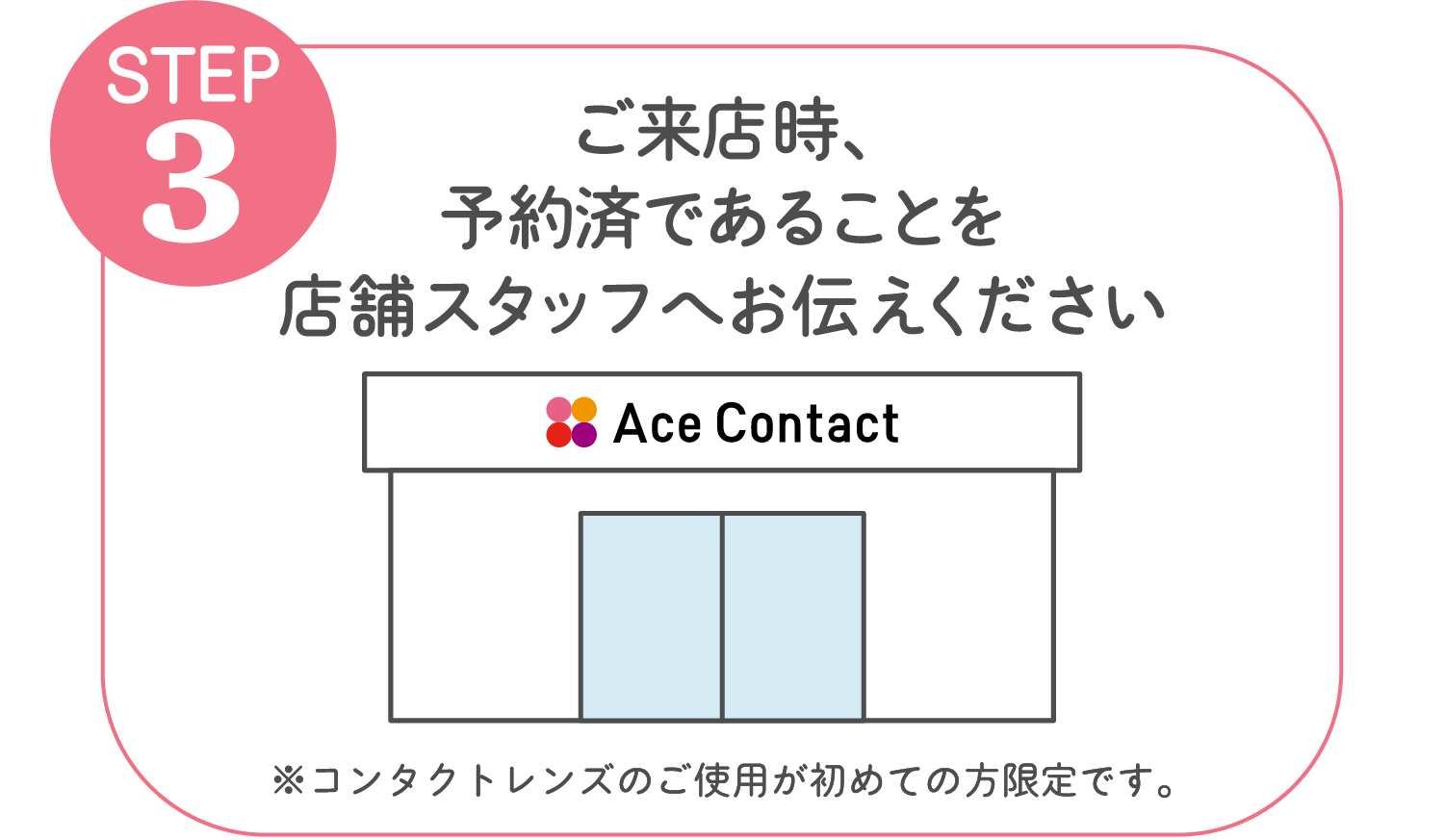 STEP3 ご来店時、予約済みであることを店舗スタッフへお伝えください
