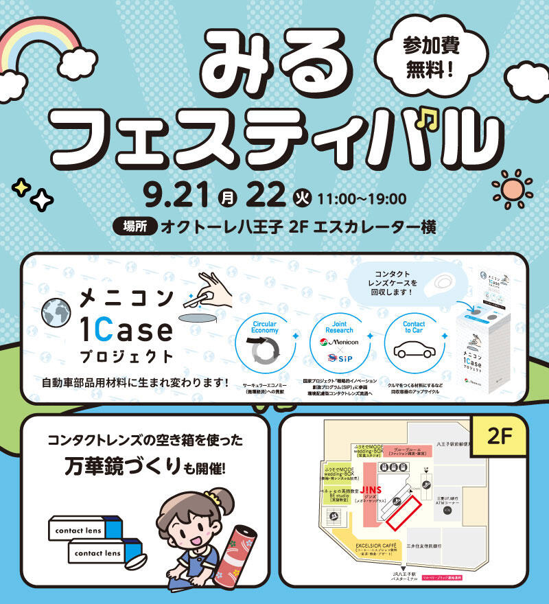 みるフェスティバル 参加費無料！ 9.21(月) 22(火) 11:00～19:00 場所：オクトーレ八王子 2Fエスカレーター横 『メニコン1Caseプロジェクト』 自動車部品用材料に生まれ変わります！ 【サーキュラーエコノミー（循環経済）への貢献】【国家プロジェクト「戦略的イノベーション創造プログラム(SIP)」に参画 環境配慮型コンタクトレンズ流通へ】【クルマをつくる材料にするなど回収容器のアップサイクル】 回収BOXでコンタクトレンズケースを回収します！ コンタクトレンズの空き箱を使った万華鏡づくりも開催！