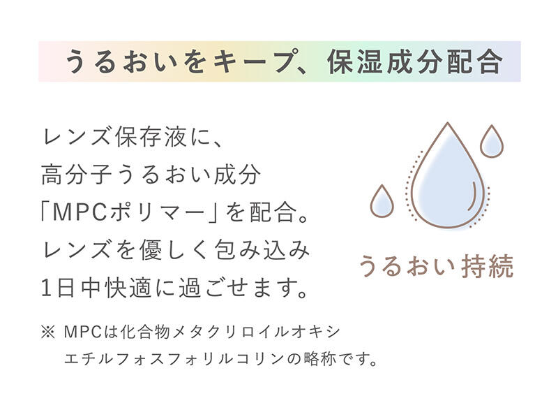 【うるおいをキープ、保湿成分配合】レンズ保存液に、高分子うるおい成分「MPCポリマー」を配合。レンズを優しく包み込み1日中快適に過ごせます。※MPCは化合物メタクリロイルオキシエチルフォスフォリルコリンの略称です。