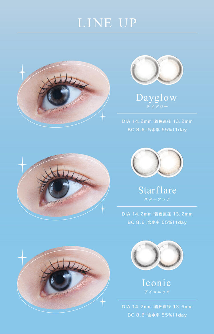 LINE UP、Dayglow デイグロー：DIA 14.2mm｜着色直径 13.2mm｜BC 8.6｜含水率 55%｜1day、Starflare スターフレア：DIA 14.2mm｜着色直径 13.2mm｜BC 8.6｜含水率 55%｜1day、Iconic アイコニック：DIA 14.2mm｜着色直径 13.6mm｜BC 8.6｜含水率 55%｜1day