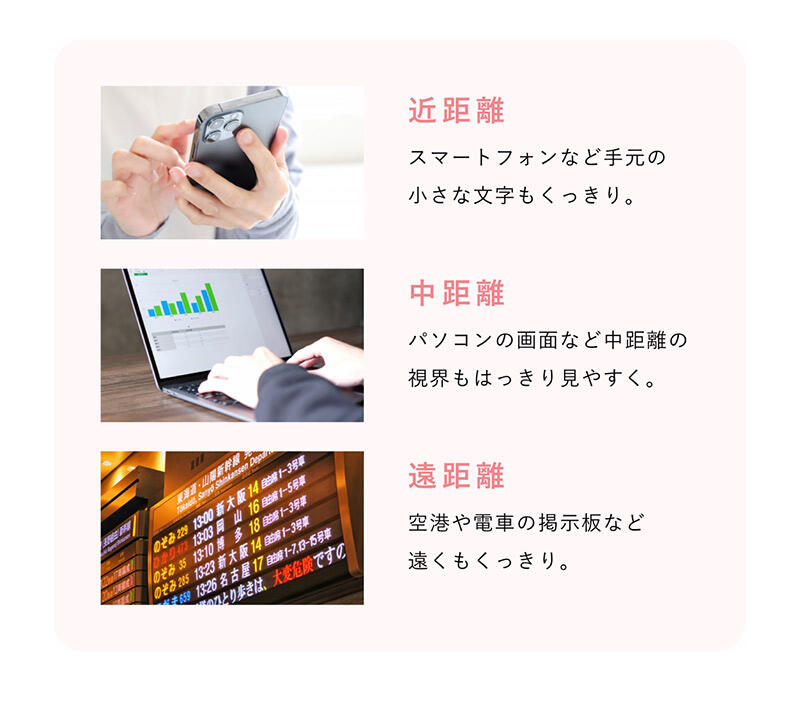 近距離：スマートフォンなど手元の小さな文字もくっきり。 中距離：パソコンの画面など中距離の視界もはっきり見やすく。 遠距離：空港や電車の掲示板など遠くもくっきり。