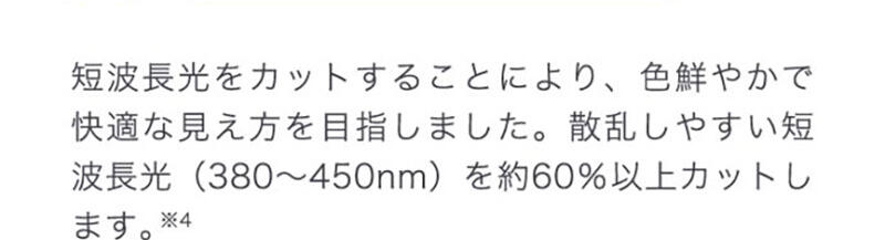 短波長光をカットすることにより、色鮮やかで快適な見え方を目指しました。散乱しやすい短波長光(380～450nm)を約60%以上カットします。※4