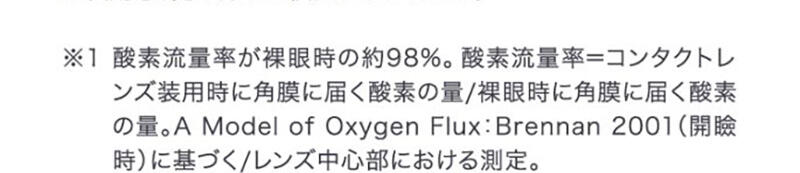 ※1 酸素流量率が裸眼時の約98%。酸素流量率=コンタクトレンズ装用時に角膜に届く酸素の量/裸眼時に角膜に届く酸素の量。A Model of Oxygen Flux:Brennan2001(開瞼時)に基づく/レンズ中心部における測定。