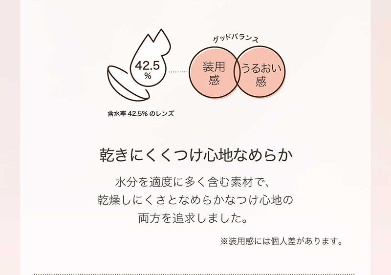 【乾きにくくつけ心地なめらか】 水分を適度に多く含む素材で、乾燥しにくさとなめらかなつけ心地の両方を追及しました。 ※装用感には個人差があります。