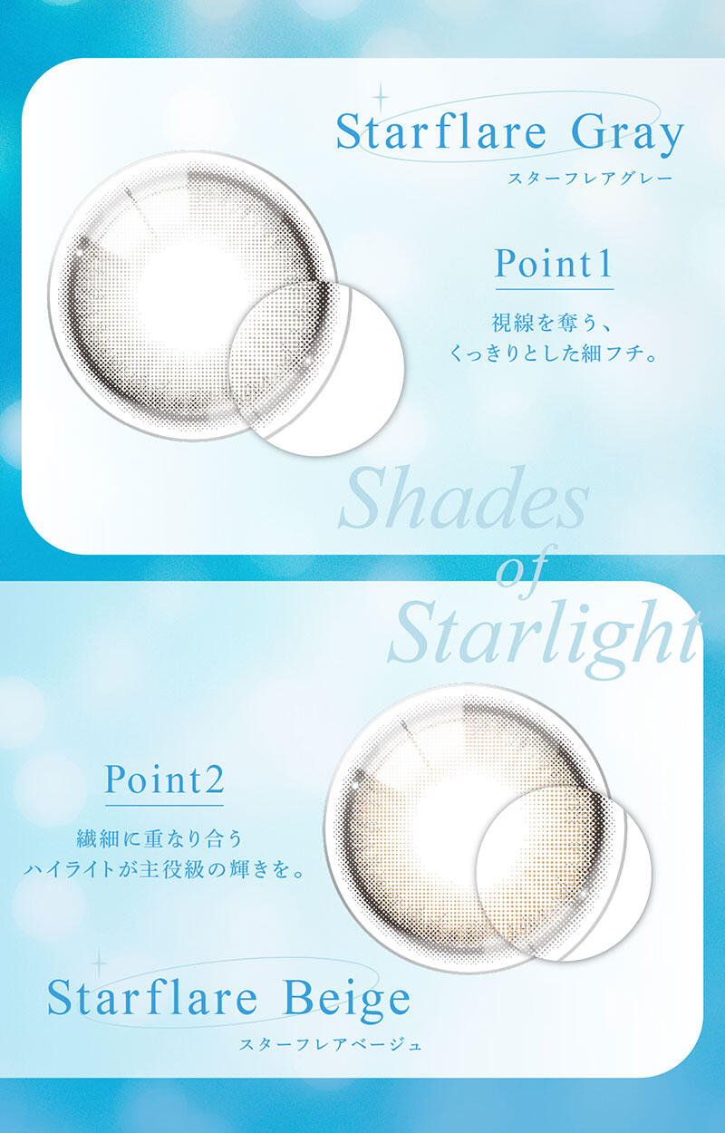 Starflare Gray（スターフレアグレー） Starflare Beige（スターフレアベージュ） Point1：視線を奪う、くっきりとした細フチ。 Point2：繊細に重なり合うハイライトが主役級の輝きを。