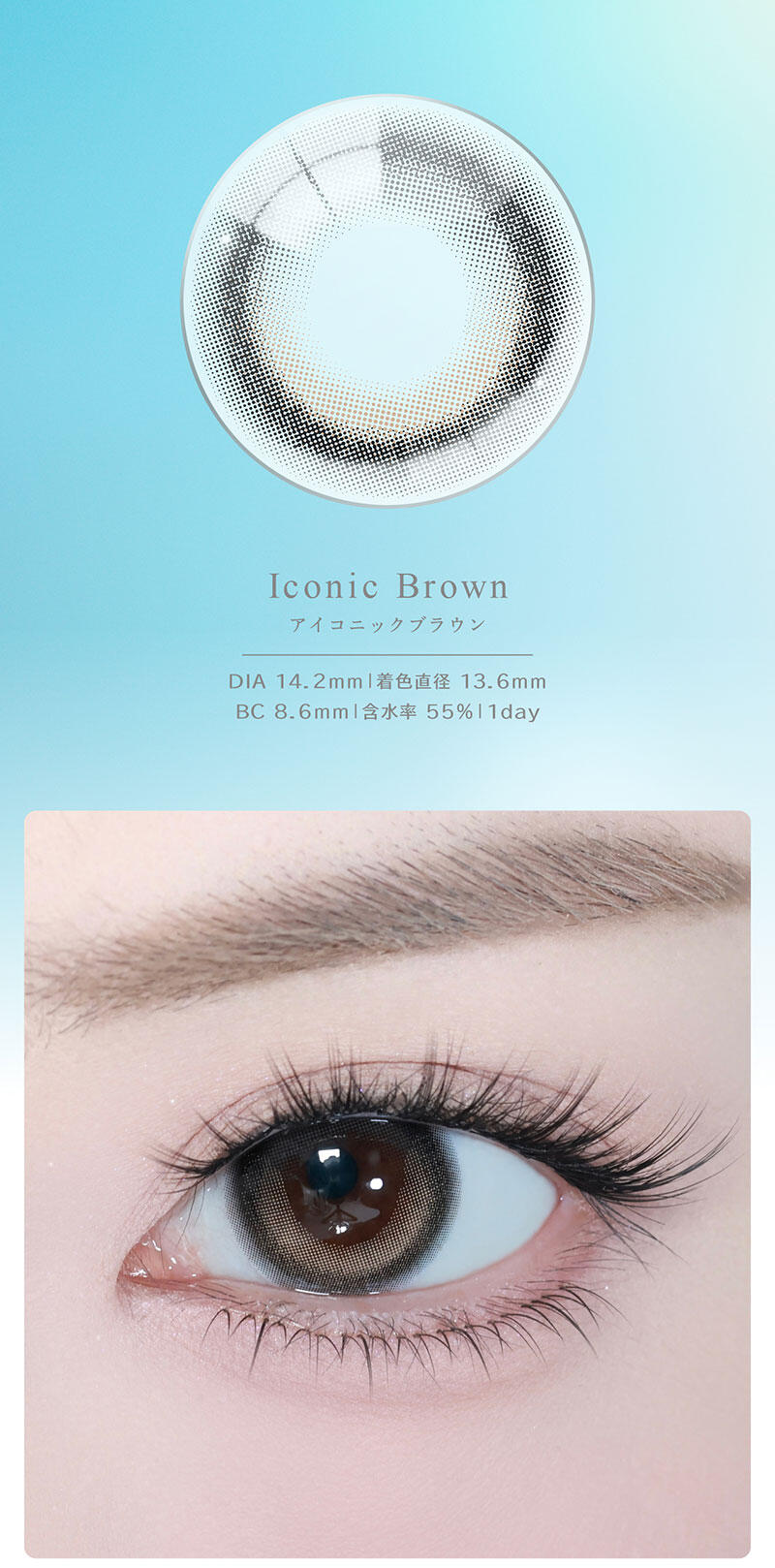 Iconic Brown（アイコニックブラウン） DIA：14.2mm／着色直径：13.6mm／BC：8.6mm／含水率：55%／1day
