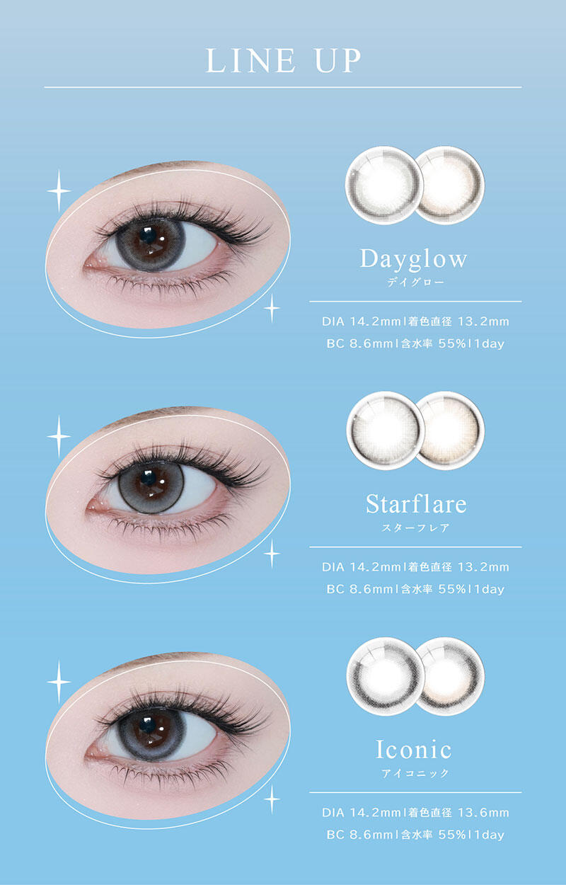 【LINE UP】 ・Dayglow（デイグロー） DIA：14.2mm／着色直径：13.2mm／BC：8.6mm／含水率：55%／1day ・Starflare（スターフレア） DIA：14.2mm／着色直径：13.2mm／BC：8.6mm／含水率：55%／1day ・Iconic（アイコニック） DIA：14.2mm／着色直径：13.6mm／BC：8.6mm／含水率：55%／1day