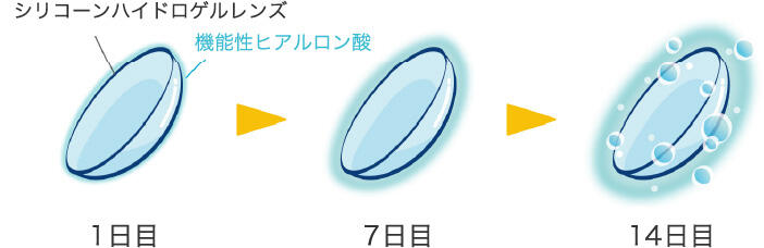 シリコーンハイドロゲルレンズに機能性ヒアルロン酸が蓄積されていく図(1日目 → 7日目 → 14日目)